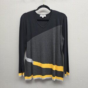 Variations Sweater Womens XL Gray Yellow Color Block V Neck Long Sleeve Knit